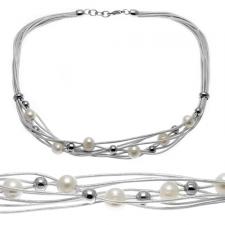 White Leather Multi Cord Necklace With White Pearl and Stainless Steel Accent Beads